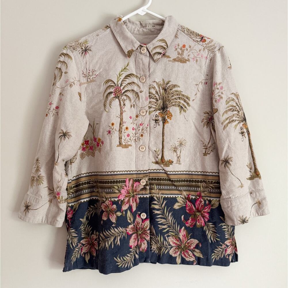 Hearts of Palm Linen Shirt Tropical Vacation Resort Travel Safari Coastal Euro